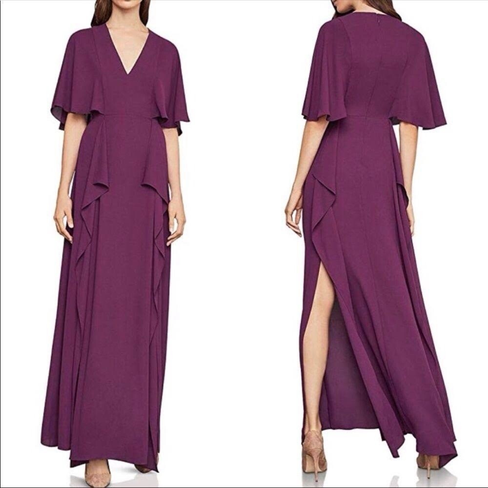 BCBGMAXAZRIA Plum Maxi Dress sz 4 Formal Gown Draped Slit Flutter Sleeve evening
